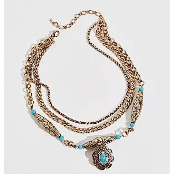 New Free People Bohemian Layered Gold Turquoise Necklace - Picture 1 of 5